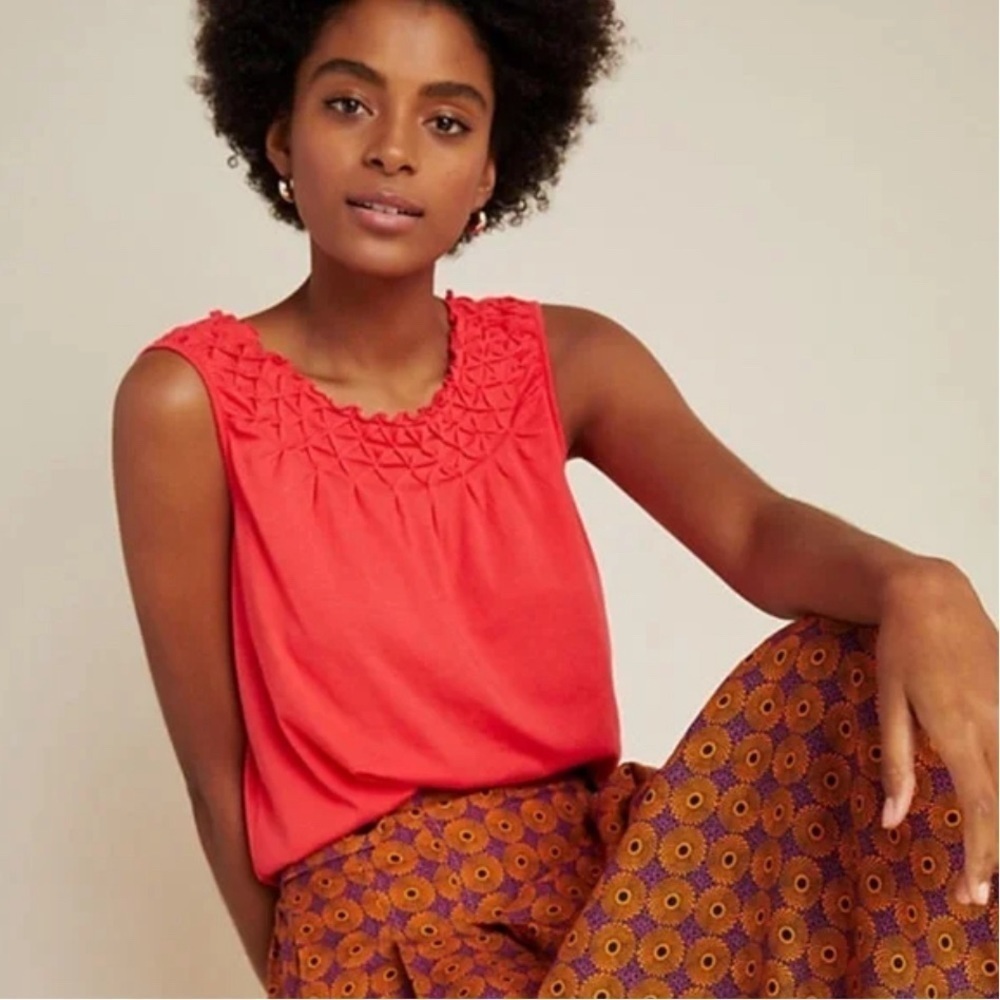 Anthropologie Maeve Justine Smocked Coral Scoop Neck Tank Top Blouse Ruffles XS